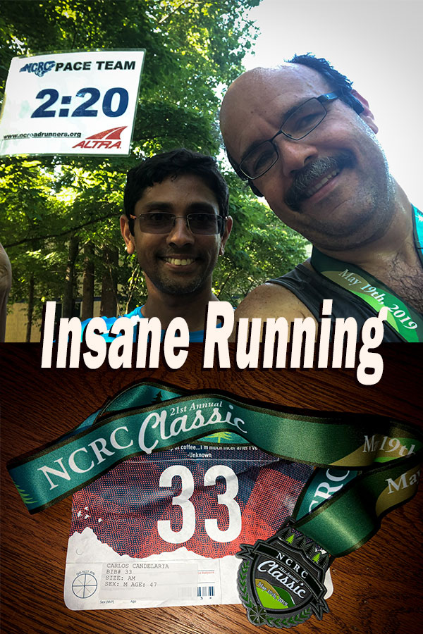 Arvind Balaraman and Carlos Candelaria at Umstead Half, medal and bib