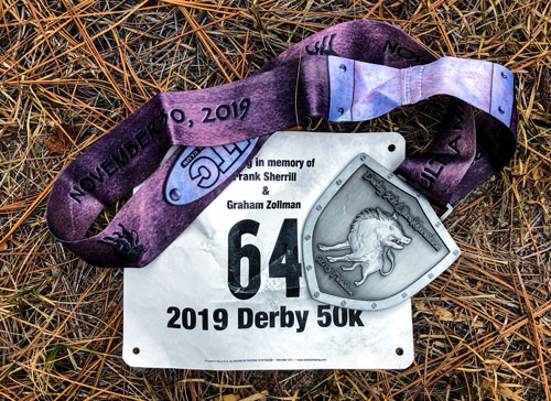 Derby 50k 2019 bib and medal