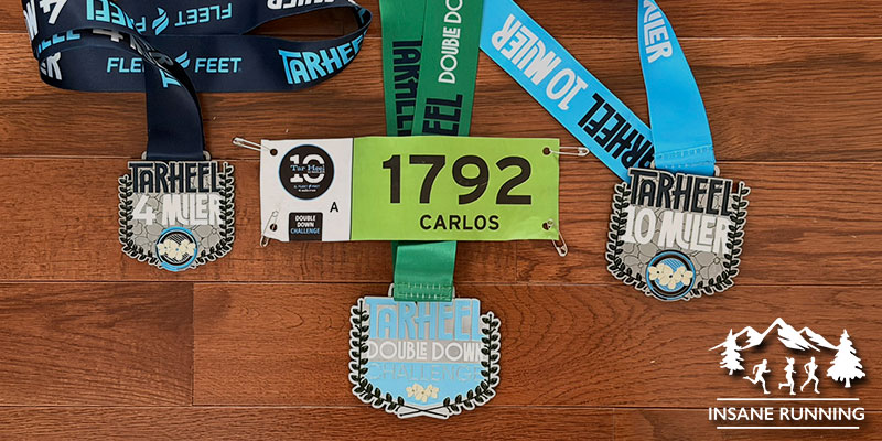 Tarheel Doble Down race blog post medals and bib